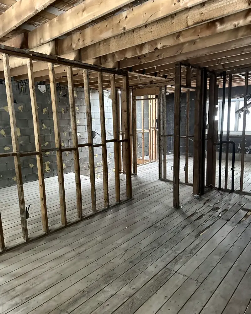 Rooms opened down to the studs after an interior demolition