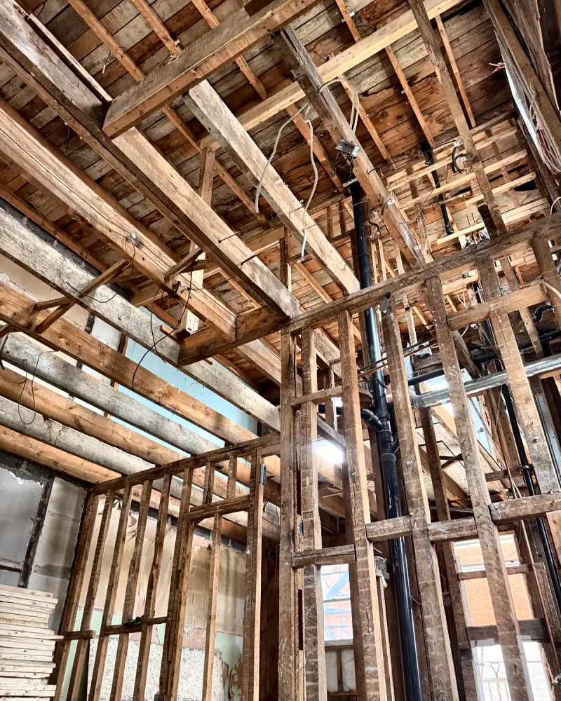 Walls and ceilings removed down to the joists and framing